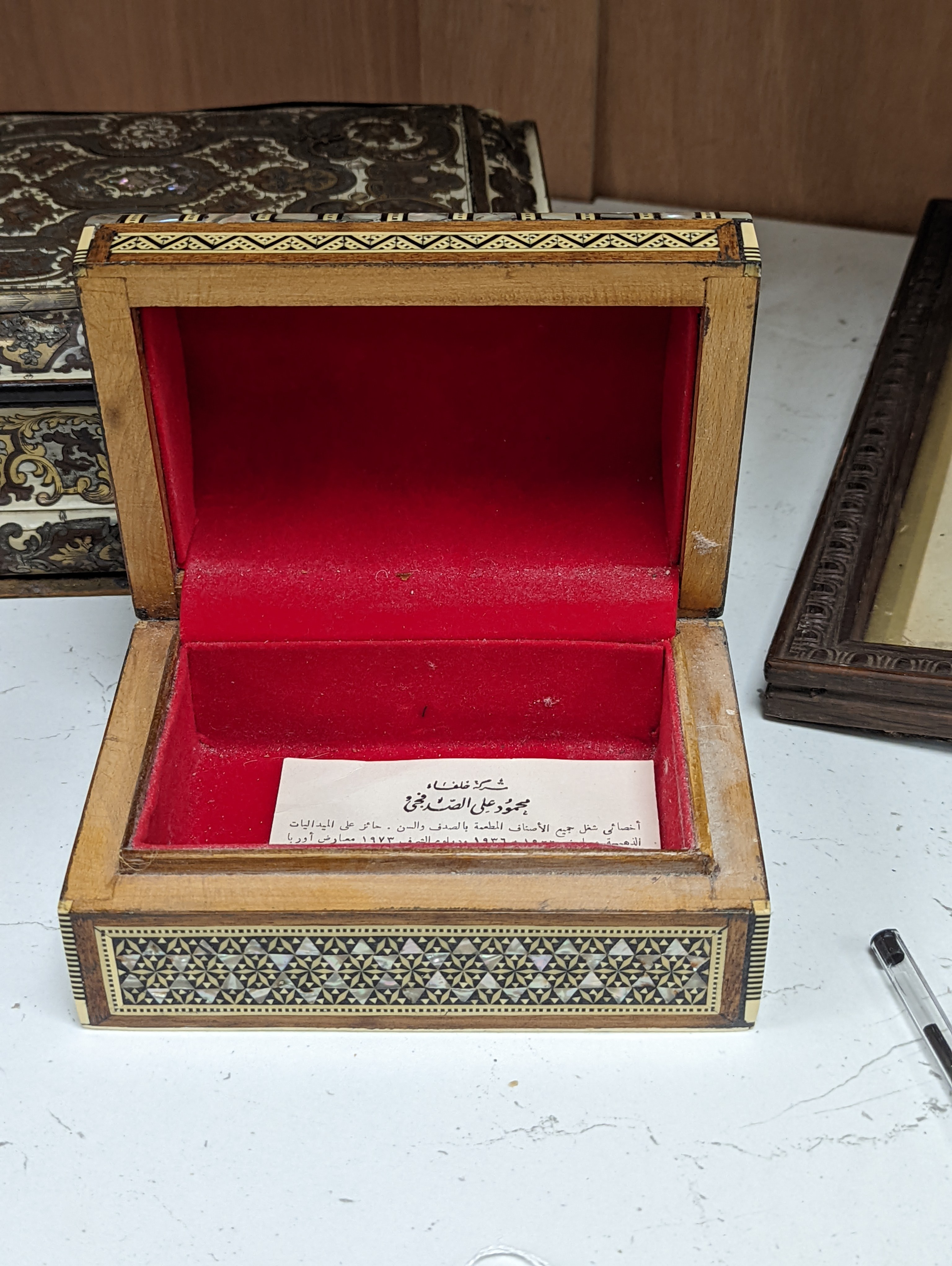 A 19th century French cut brass pewter and ivory inlaid jewellery box, h 10cm, 27 x 19cm, together with a parquetry box (2)